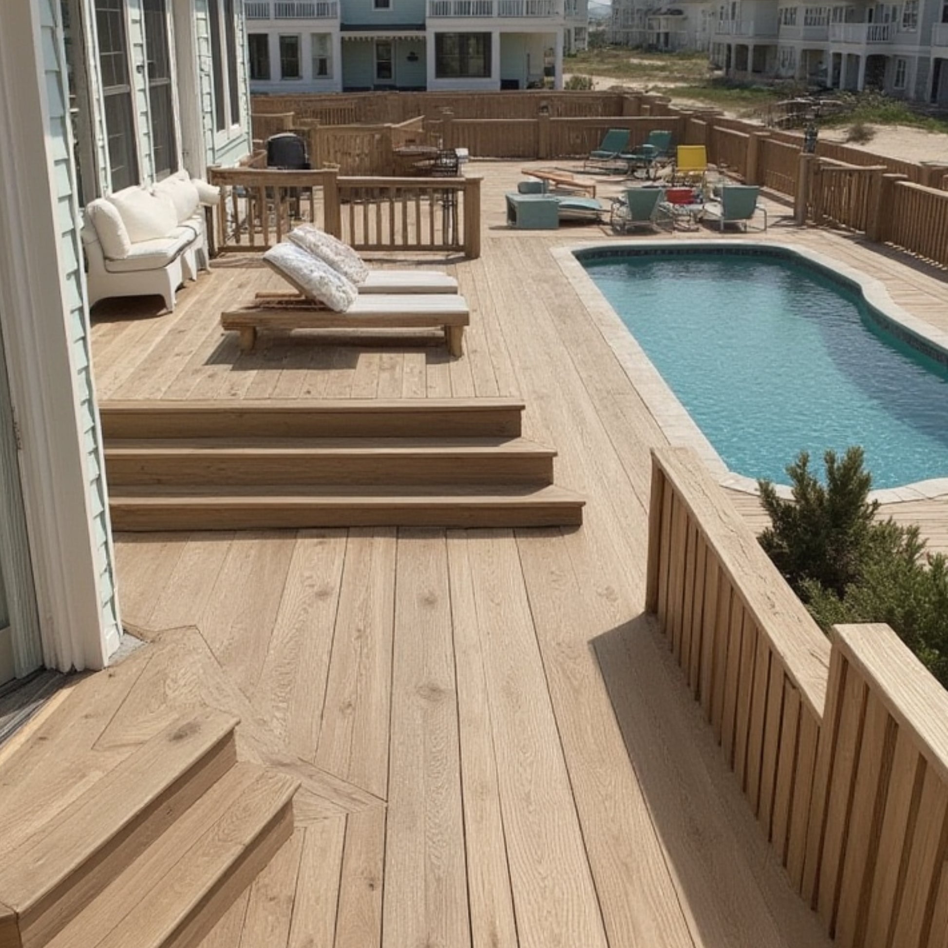 Waterproof White Oak decking — installed over concrete patio and pool surround, thermally modified for moisture and insect resistance