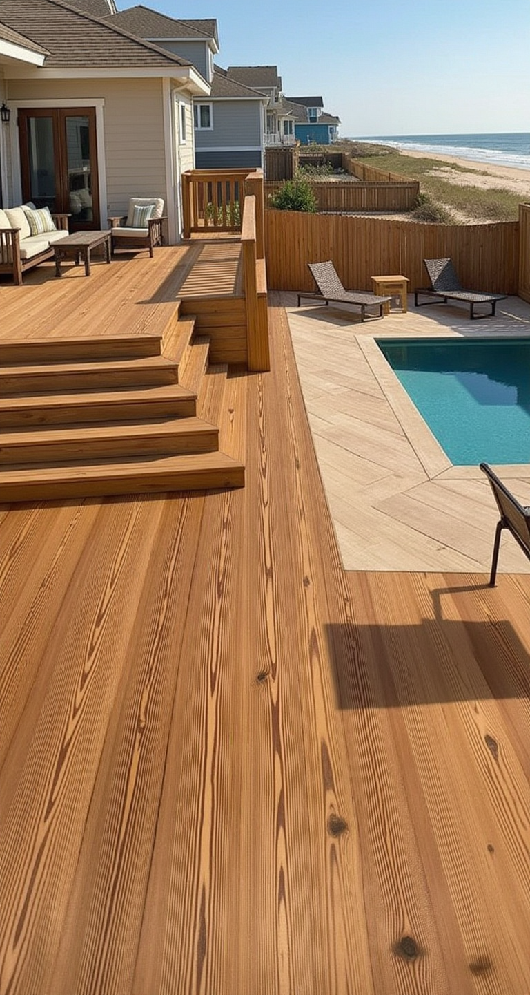Waterproof solid wood decking — Antique Heart Pine installed on concrete patio, real hardwood, built for moisture