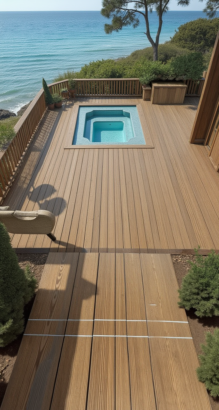 100% real hardwood decking. Antique Heart Pine. Solid wood, waterproof, installed around pool.