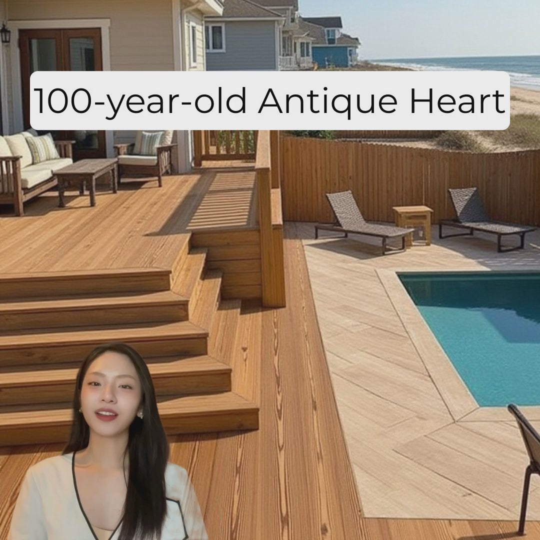 Thermally modified Antique Heart Pine decking. Waterproof and termite-resistant. Installed on concrete.